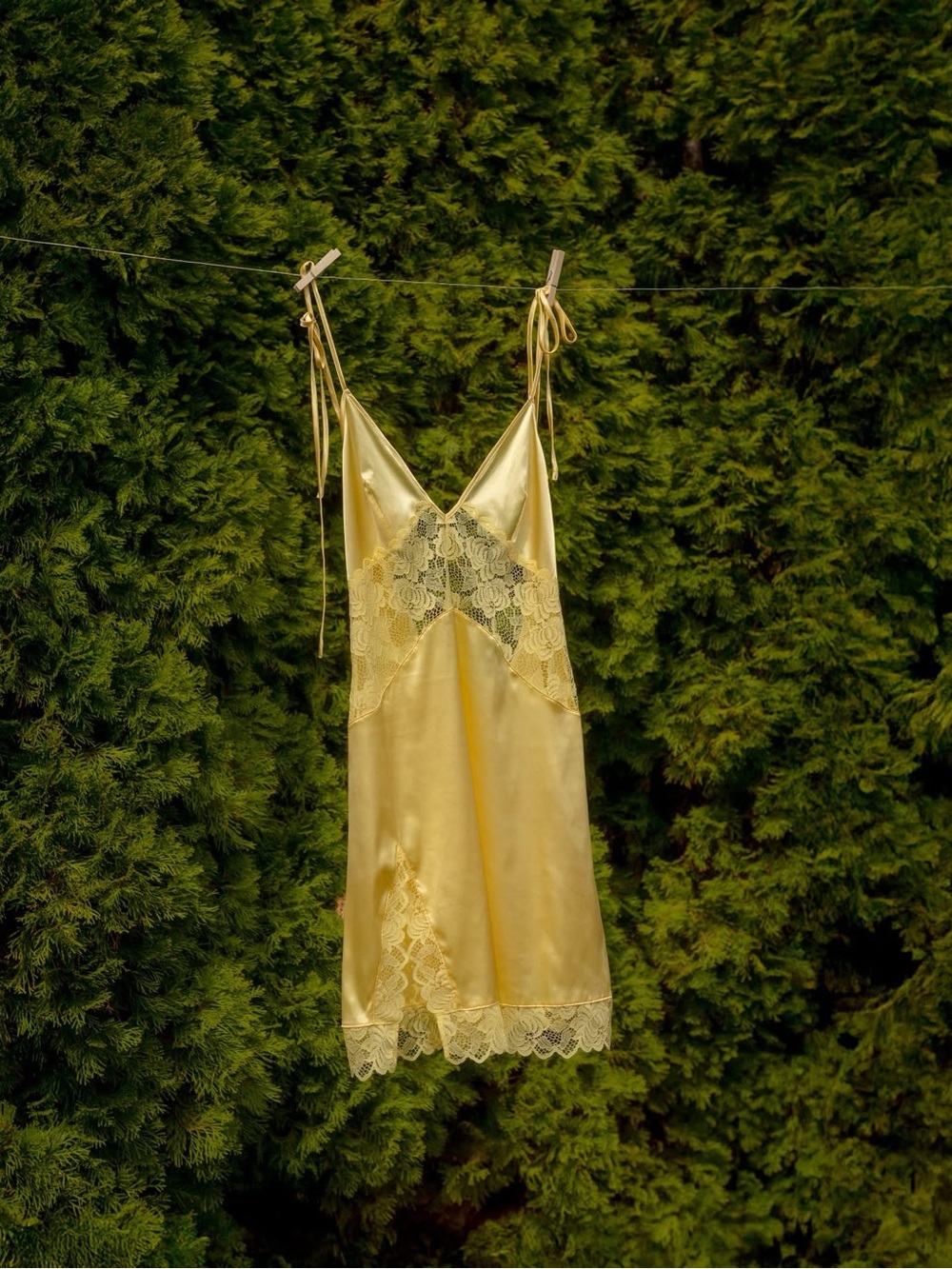 Silky Lace-Trim Yellow Stretch Satin Slip Dress